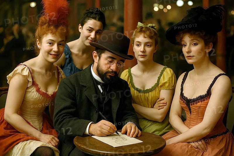 The painter Henri de Toulouse-Lautrec sits in Moulin Rouge in Paris surrounded by dancers, symbolic painting artist, lithograph, Montmartre, French, graphic artist, dance hall, impressionist, belle époque, poster art, color lithography, cancan, AI generated