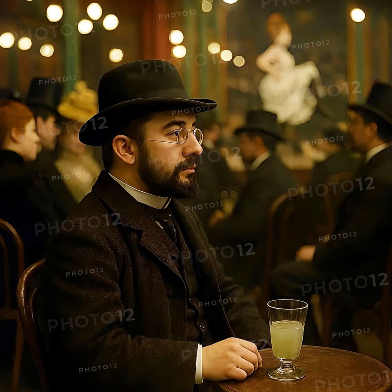 The painter Henri de Toulouse-Lautrec sits in Moulin Rouge in Paris, symbolic image artist, lithograph, Montmartre, French, graphic artist, dance hall, impressionism, impressionist, belle époque, poster art, color lithography, cancan, AI generated