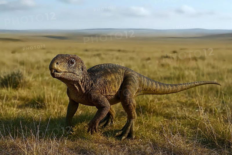 A dinosaur, a heterodontosaurus in the prehistoric steppe, fossil, extinct, prehistoric, dinosaur, lizard, prehistoric period, paleontology, reptile, AI generated