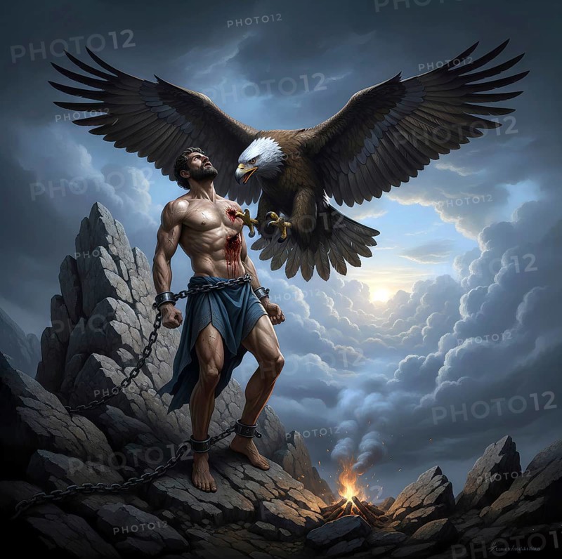 Prometheus chained to a rock, an eagle eats from his liver, symbolic image Greek mythology, antiquity, legend, titanium, fire, Zeus, god, gods, AI generated