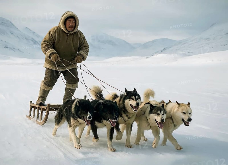 An Inuit rides on a dog sled in the snowy Arctic, symbol Eskimo, polar region, winter, hunting, indigenous people, indigenous people, ethnic group, fur clothing, dog team, husky, AI generated