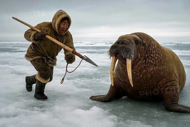 An Inuit hunts a walrus in the snowy Arctic, symbol Eskimo, polar region, winter, hunting, indigenous people, indigenous people, fur clothing, ethnicity, AI generated