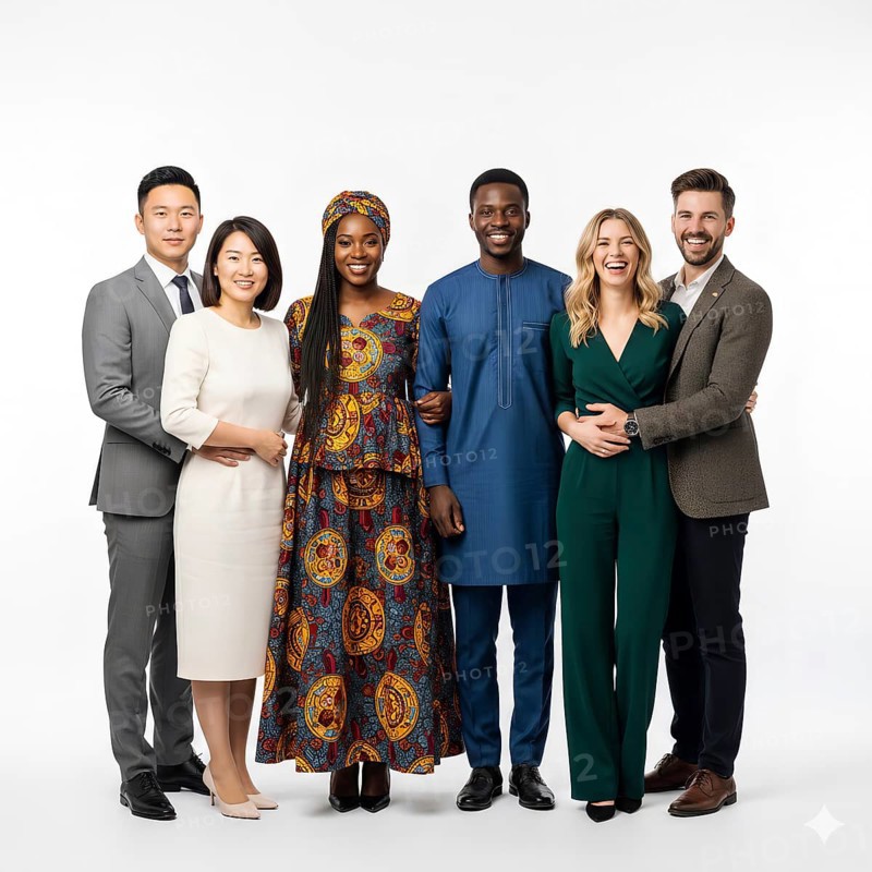 A couple of young people from Africa, from Europe and from Asia, man, woman, nation, national, skin color, symbolic ethnic group, cultural, characteristic, tradition, traditional, differences, commonality, understanding, peaceful, living together, AI generated