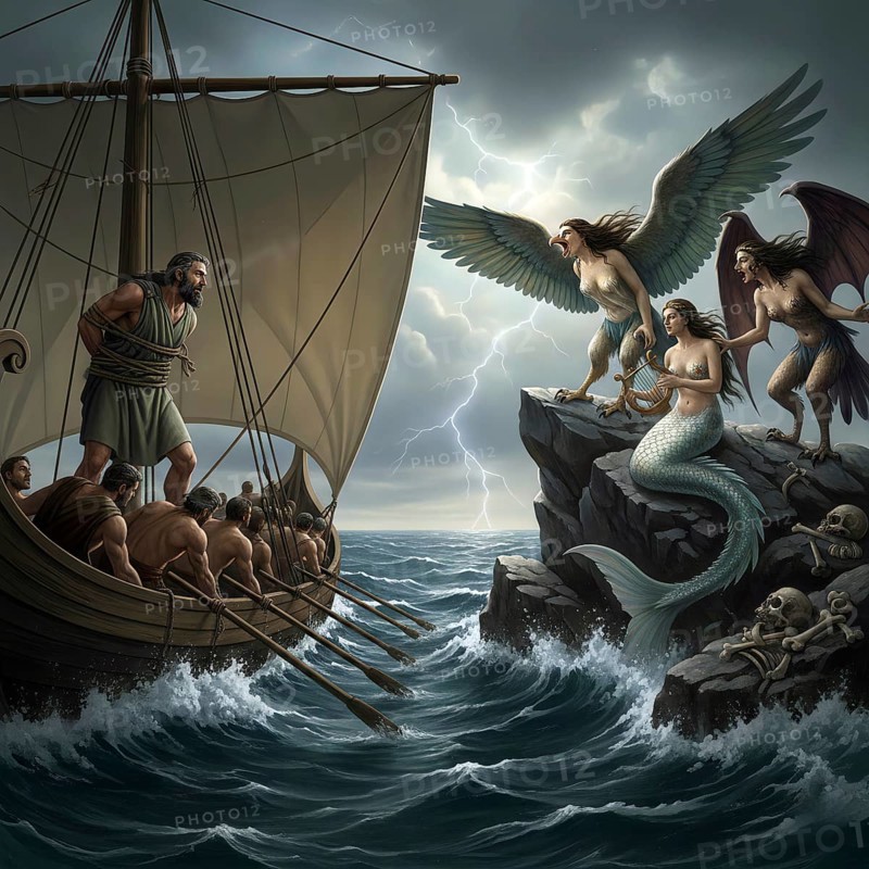 Odysseus wandering, tied to a mast to resist the singing of the sirens, symbolic image hybrid, Greek mythology, Homer, Odyssey, creature, deadly, beguiling, sailors, seductive, AI generated