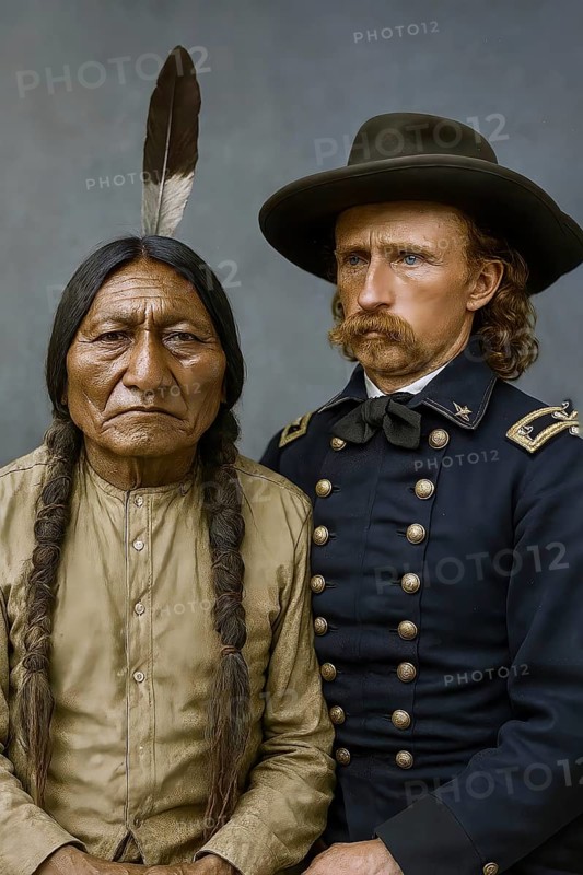 Portrait, Sioux Indian Chief Sitting Bull and General George Armstrong Custer, Enemy Symbolic Picture, Battle of the Little Bighorn, Indigenous People, North America, Indian War, US Cavalry, Indian Battle, Dakota, Lakota, Medicine Man, AI generated