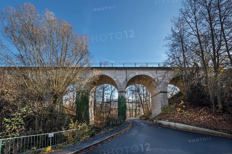Historic stone railway viaduct in Lauf, built in 1876, Lauf an der Pegnitz, Middle Franconia, Bavaria, Germany