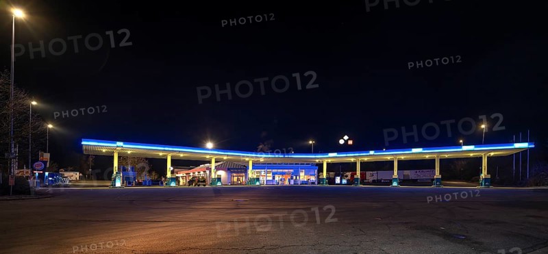 Gas station at night, Schnaittach, Middle Franconia, Bavaria, Germany