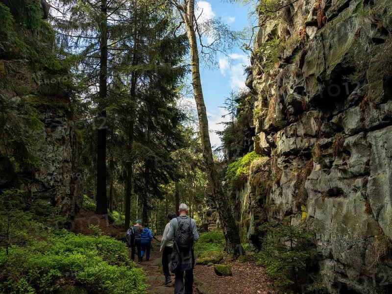 Hikers in forest with rocks, Felsengasse, Zittau Mountains, things, Germany