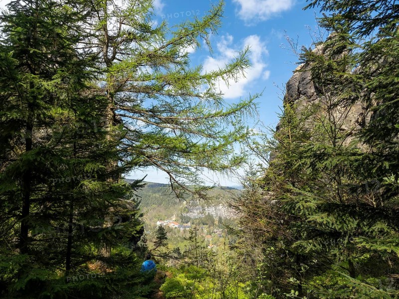 Rocks in the forest with a view of Oybin, Zittau Mountains, things, Germany