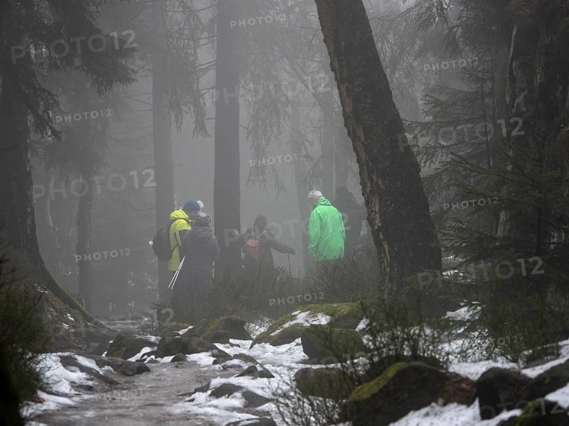 Hiking group on winter trail with fog, Zittau Mountains, Germany