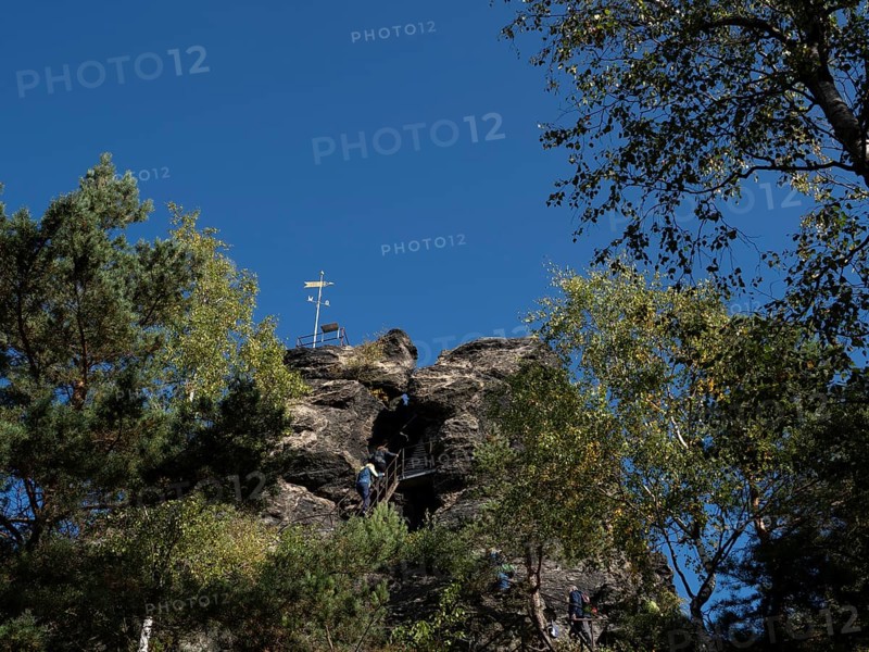 Rocks and rock group with via ferrata, Scharfenstein, Zittau Mountains, Saxony, Germany