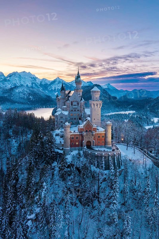 Neuschwanstein Castle in winter landscape at dusk with mountain backdrop, Schwangau near Füssen, Ostallgäu, Allgäu, Bavaria, Germany