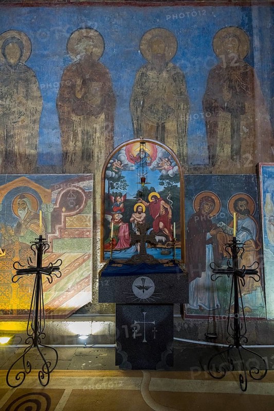 Interior of a church with icons and an altar surrounded by candlesticks, Akhtala monastery, Akhtala town, Lorikeet province, Armenia