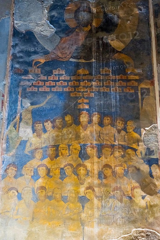Wall painting in a church depicting apostles and a religious supermotif, Akhtala monastery, Akhtala, Lorikeet province, Armenia