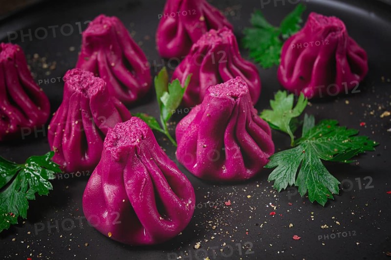 Beetroot khinkali, mini khinkali, purple, Georgian cuisine, no people