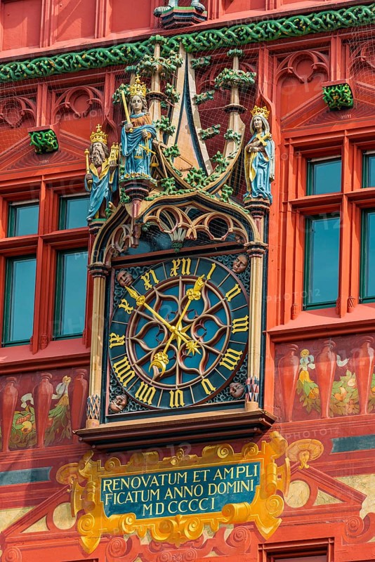 Exterior view of the magnificent clock at the Red Town Hall, Market Square, Basel