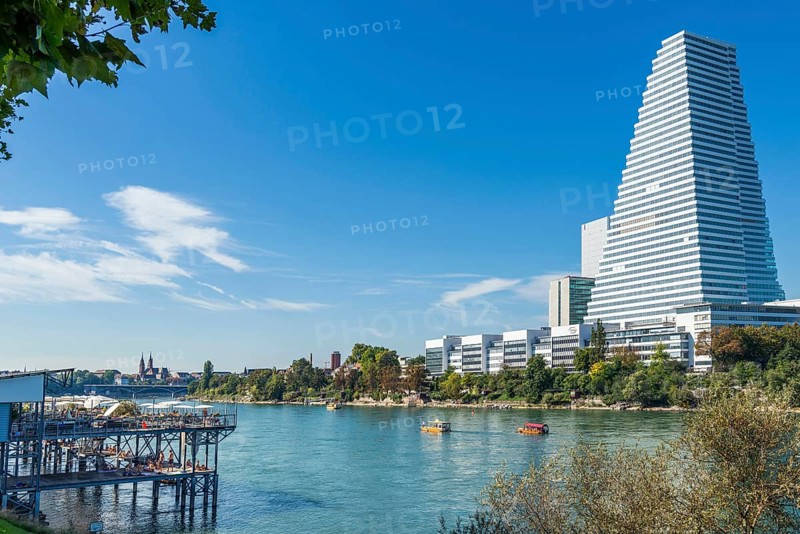Basel Rheinbad with a view of the Roche Tower, Rhine, Basel