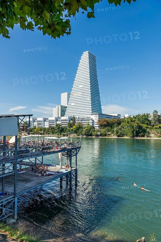 Basel Rheinbad with a view of the Roche Tower, Rhine, Basel