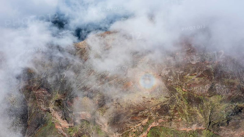 Aerial view, clouds of fog with halo, light ring, atmospheric phenomenon, mountains, Madeira, Portugal