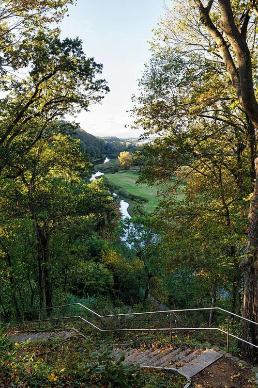 View from a viewpoint with stairs of picturesque river landscape, forest and meadows, Jeetzel, floodplain, Hitzacker, Lüchow-Dannenberg, Wendland, Elbe floodplain, Germany