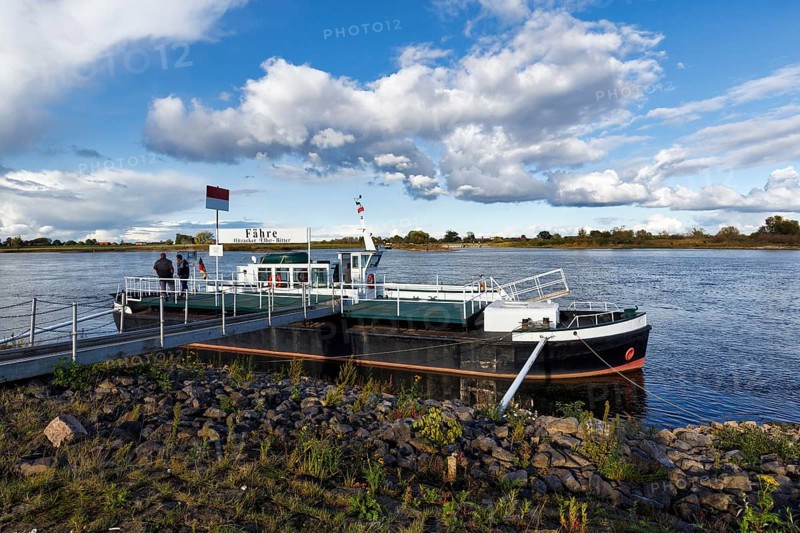 Ferry on a jetty, banks of the Elbe, river landscape, Hitzacker, Lüchow-Dannenberg, Wendland, Elbe floodplain, Germany