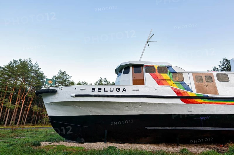 Beluga, former Greenpeace ship ashore, memorial, resistance against nuclear waste, interim storage facility in Gorleben, Gorlebener Wald, Lüchow-Dannenberg, Germany