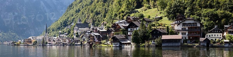 Idyllic seascape with picturesque houses on the shore in front of wooded mountains, Austria, Hallstatt, panorama