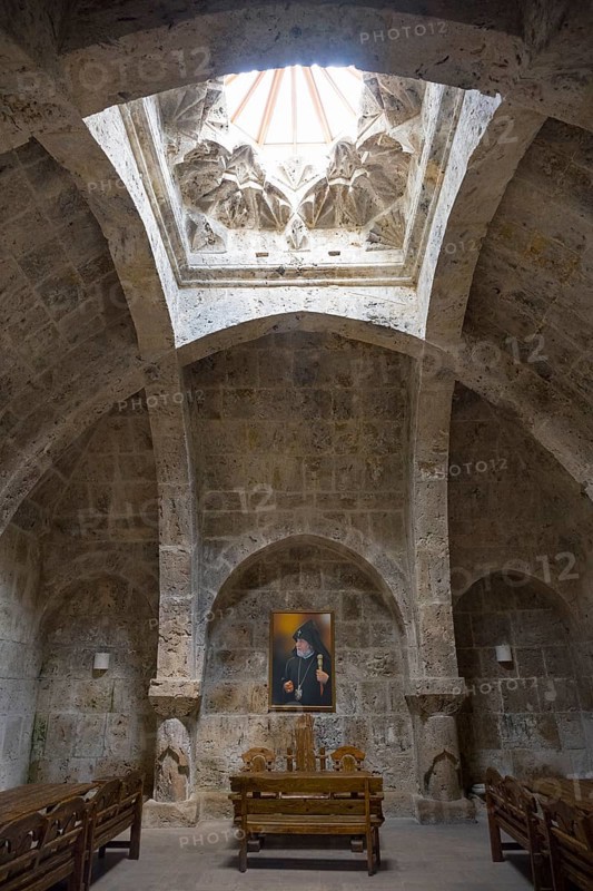 Church interior with skylight and painting, stone walls and vault, refectory interior, dining room, Haghartsin monastery, Hagarzin, Tavush province, Armenia