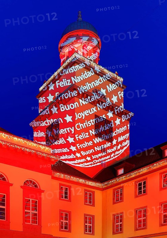 The town hall illuminated for the Christmas market in Witten, Ruhr area, North Rhine-Westphalia, Germany