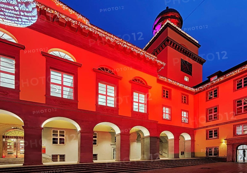 The town hall illuminated for the Christmas market in Witten, Ruhr area, North Rhine-Westphalia, Germany