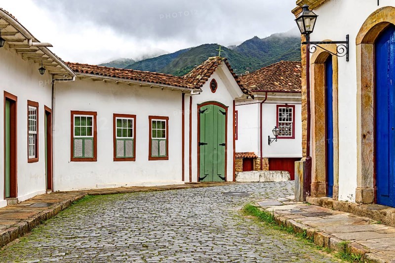Old colonial houses and chapel on the streets of the historic city of Ouro Preto, Ouro Preto, Minas Gerais, Brazil