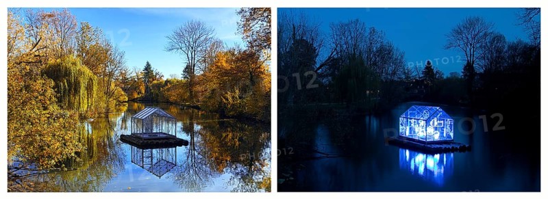 The Lippe River with Christoph Hildebrand's Arche light work during the day and at night, Lichtpromenade Lippstadt, North Rhine-Westphalia, Germany