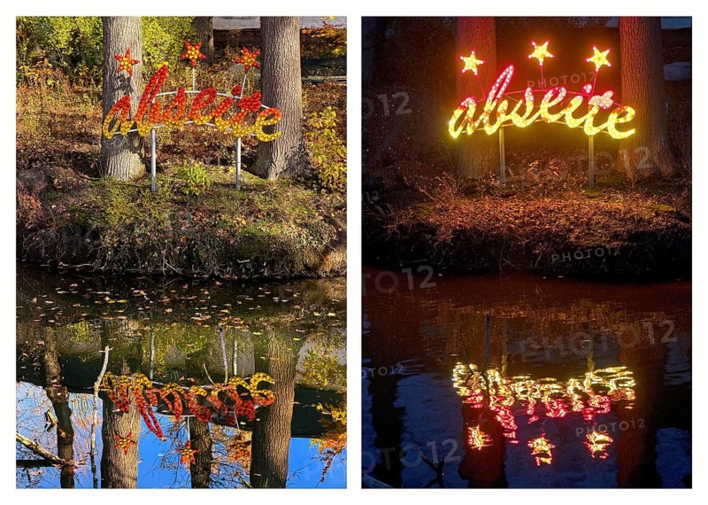 The river Lippe at the Naval Association with the artwork by Jan Philip Scheibe during the day and at night, Lippstadt, North Rhine-Westphalia, Germany