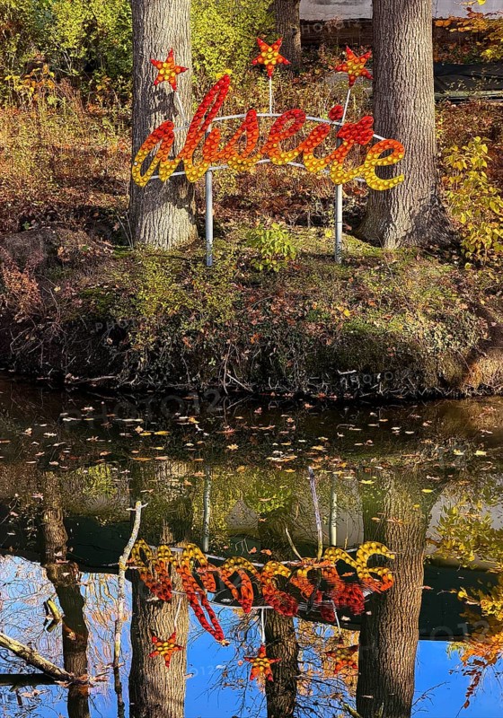 The Lippe River at the Naval Association with the artwork by Jan Philip Scheibe, Lichtpromenade Lippstadt, North Rhine-Westphalia, Germany