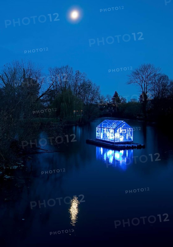 The river Lippe with the artwork Arche by Christoph Hildebrand at night with full moon, Lippstadt light promenade, North Rhine-Westphalia, Germany