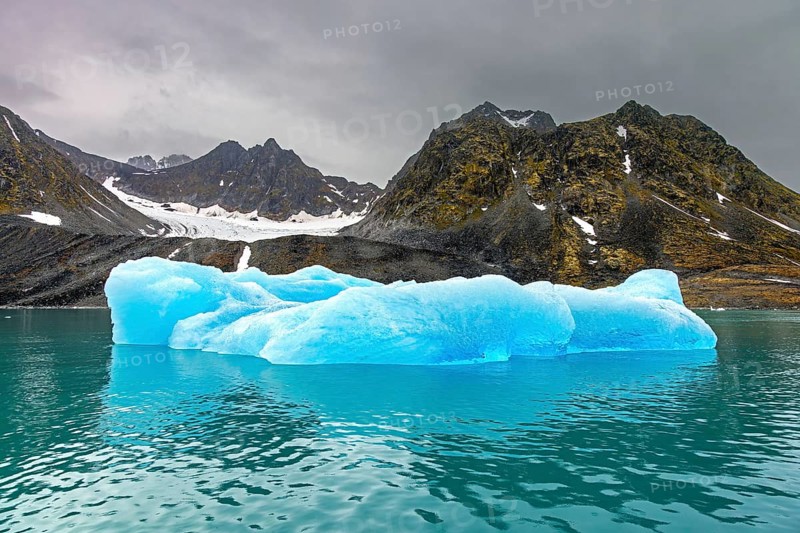 Ice floes calved from Lilliehöökbreen glacier drifting in the Lilliehöökfjorden, fjord branch of Krossfjorden in Albert I Land, Spitsbergen / Svalbard