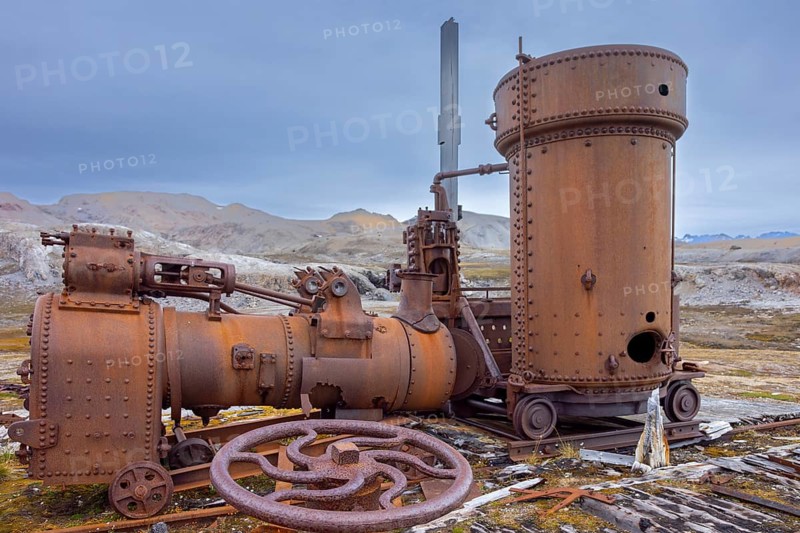 Steam engine at abandoned marble quarry Camp Mansfield, Ny London near Ny-Alesund, Blomstrandhalvøya, Kongsfjorden, Svalbard, Spitsbergen, Norway
