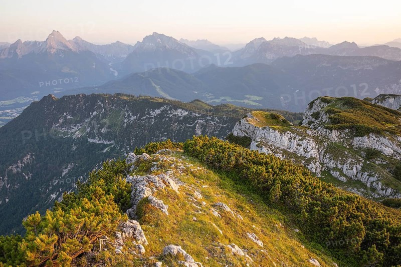 At the Berchtesgaden High Throne in summer at sunset, view of Watzmann. Untersberg, Berchtesgadener Land