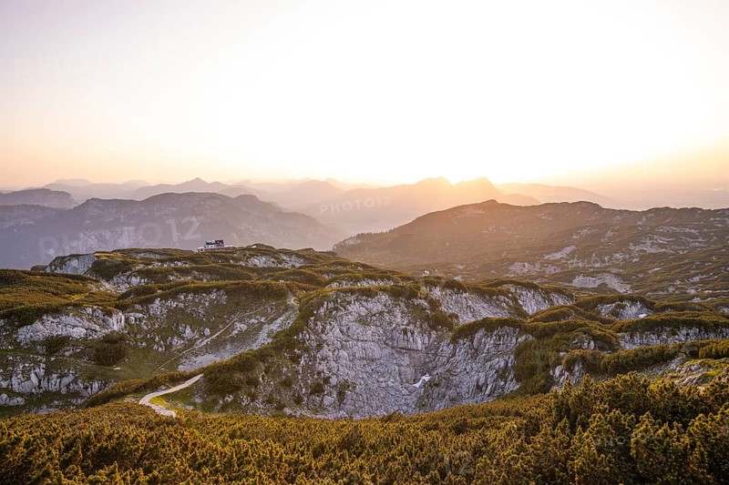 At the Berchtesgaden High Throne in summer at sunset, view of the Störhaus on Untersberg. Berchtesgadener Land