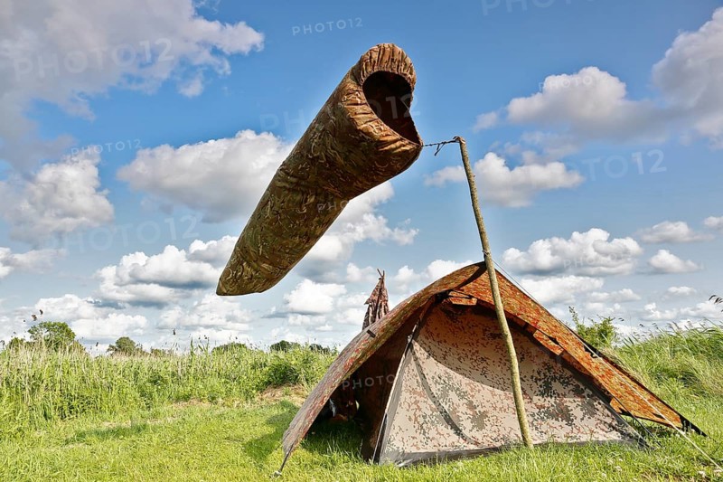 Camp of a nature photographer, pictorial representation of wind, windsock, Peenetal nature park Park, Mecklenburg-Western Pomerania, Germany