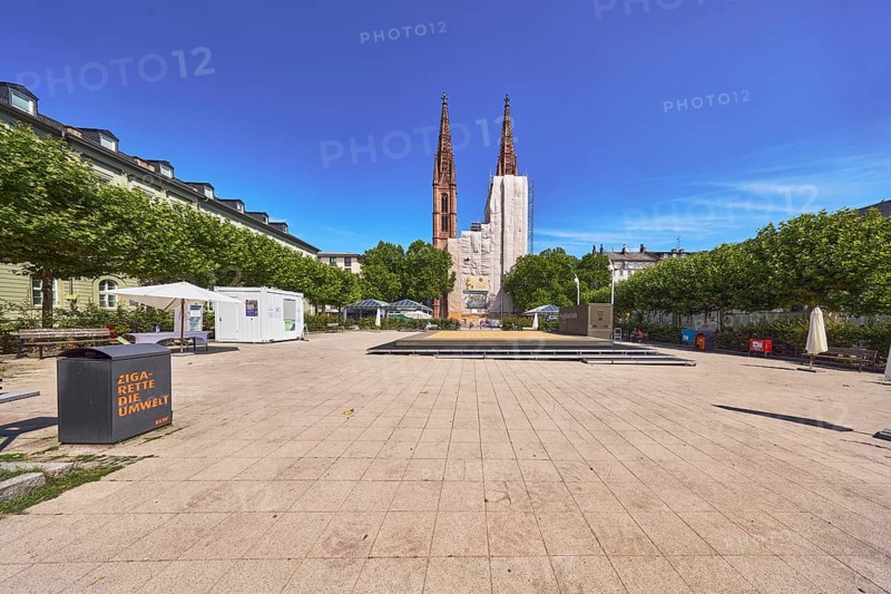 St. Boniface Catholic Church, scaffolding, renovation, concrete paving square, trees, general architecture, public trash can, blue sky, cirrus clouds, Luisenplatz, Luisenstraße, Wiesbaden, state capital, district-free city, Hesse, Germany