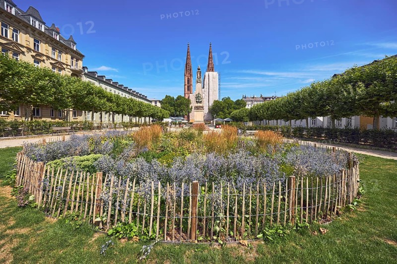 Park, round flower bed, plants, wooden fence, Waterloo monument, St. Boniface Catholic Church, scaffolding, renovation, trees, general architecture, blue sky, cirrus clouds, Luisenplatz, Luisenstraße, Wiesbaden, state capital, district-free city, Hesse, Germany