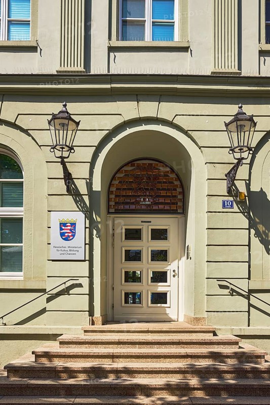Hessian Ministry of Culture, Education and Opportunities, building, entrance area, window, lantern, staircase, door, sunny, Luisenplatz, Wiesbaden, state capital, district-free city, Hesse, Germany