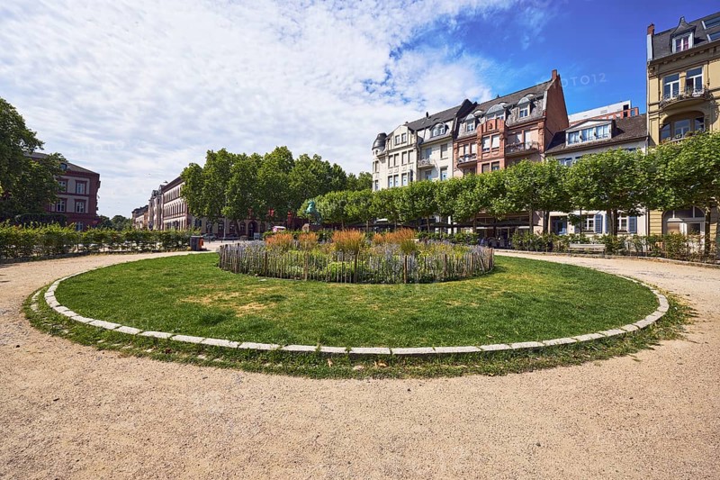 Garden area, round flower bed, lawn, trees, green spaces, paths, general architecture, buildings, houses, blue sky, altocumulus clouds, Nimbostratus clouds, Luisenplatz, Rheinstraße, Wiesbaden, state capital, district-free city, Hesse, Germany