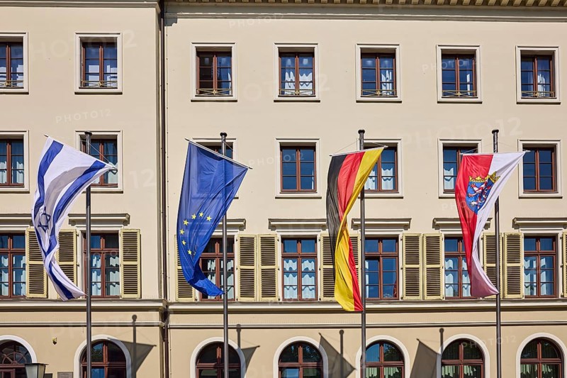 Flags, Israeli flag, German flag, European flag, flag of Hesse, state parliament, flagpoles, façade with windows and shutters, sunny, Schlossplatz, Wiesbaden, state capital, district-free city, Hesse, Germany