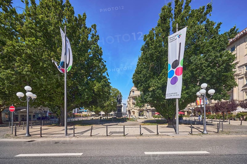 Flags on flagpoles, Rheingau Music Festival, A summer full of music, lantern, general architecture, trees, blue sky, cirrus clouds, Wilhelmstraße, Wiesbaden, state capital, district-free city, Hesse, Germany