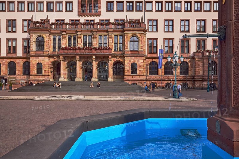 Market fountain, sandstone fountain, town hall, neo-Renaissance style, architect Georg von Hauberrisser, façade with windows, stairs, columns, paving stone square, lantern, pedestrian as accessories, sunny, diffuse light, Schlossplatz square, Wiesbaden, state capital, district-free city, Hesse, Germany