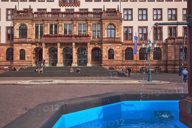 Market fountain, sandstone fountain, town hall, neo-Renaissance style, architect Georg von Hauberrisser, façade with windows, stairs, columns, paving stone square, lantern, flag city of Wiesbaden, pedestrian as accessories, sunny, diffuse light, Schlossplatz square, Wiesbaden, state capital, district-free city, Hesse, Germany