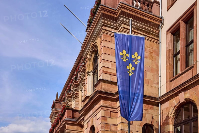 Flag of the city of Wiesbaden, town hall, façade, sandstone building material, architect Georg von Hauberrisser, new renaissance style, blue sky, cumulus clouds, diffuse light, slightly sunny, Schlossplatz, Wiesbaden, state capital, district-free city, Hesse, Germany