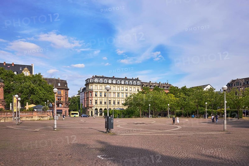 Residential and commercial buildings, houses, general architecture, lantern, trees, square made of paving stones, blue sky, altocumulus clouds, cumulus clouds, marketplace square, Wiesbaden, state capital, district-free city, Hesse, Germany